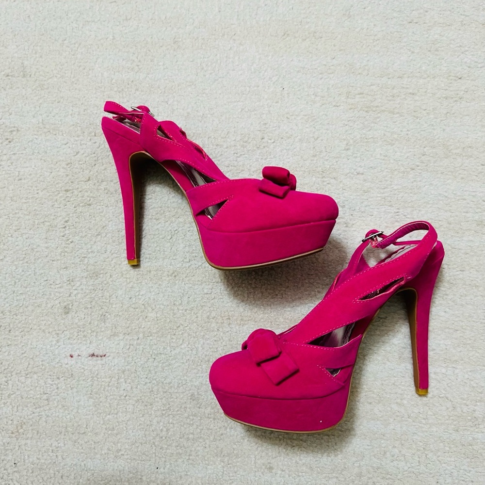 Pink Suede Platform Heels